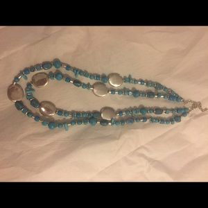 Turquoise stone and silver double strand necklace